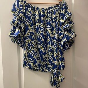 CeCe Blue and White Leaf Print Off-Shoulder Blouse